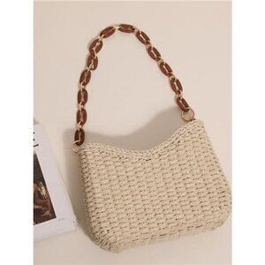 A Classy Chic Boutique Cream Woven Shoulder Bag with Brown Chain Strap